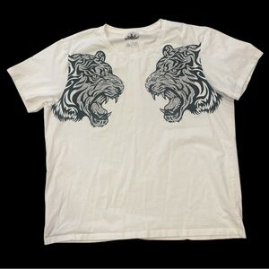 HEADS OR TAILS 3XL white on black graphic rhinestone roaring dual tigers tshirt
